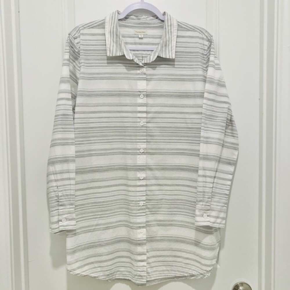 Garnet Hill Organic-Cotton Long Tunic Striped Button Up Shirt in Women's Sz. 14